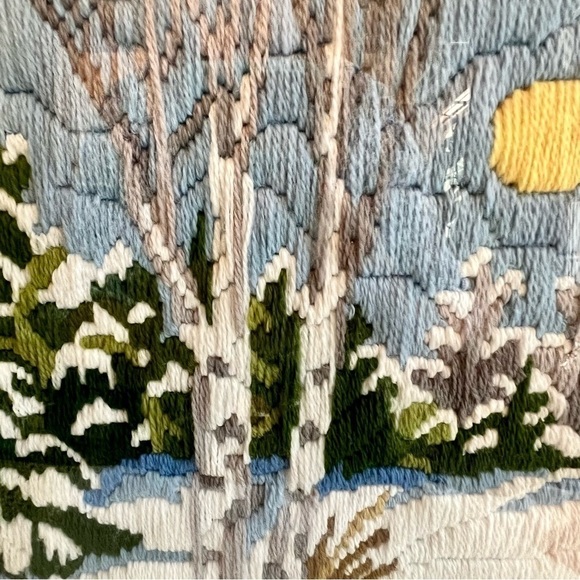 Crewel Embroidery Art Hand Stitched Winter Snow Scene Professionally Framed EUC - Picture 4 of 13